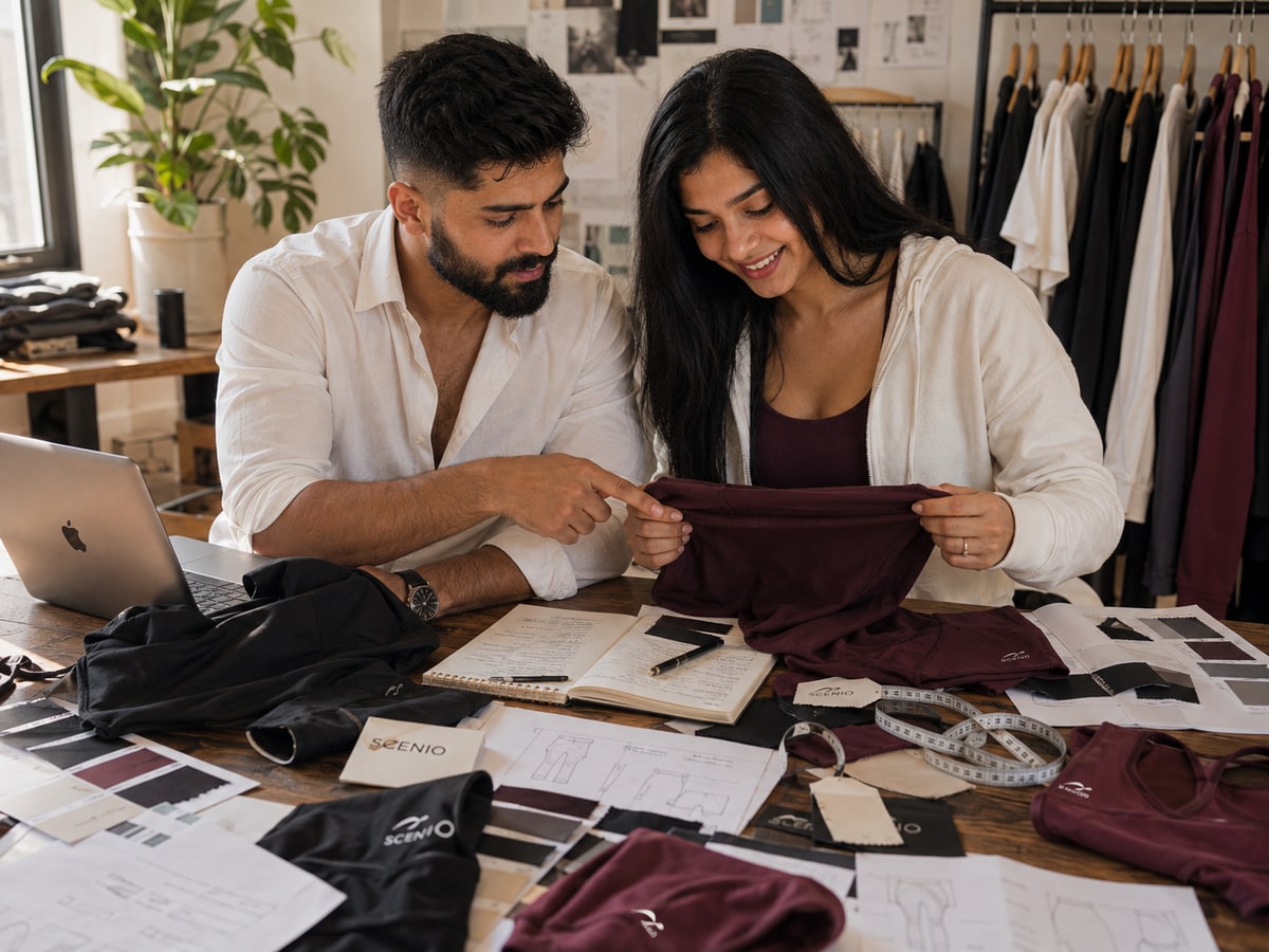 SCENIO founders Manav and Hainal reviewing activewear fabrics and product samples.